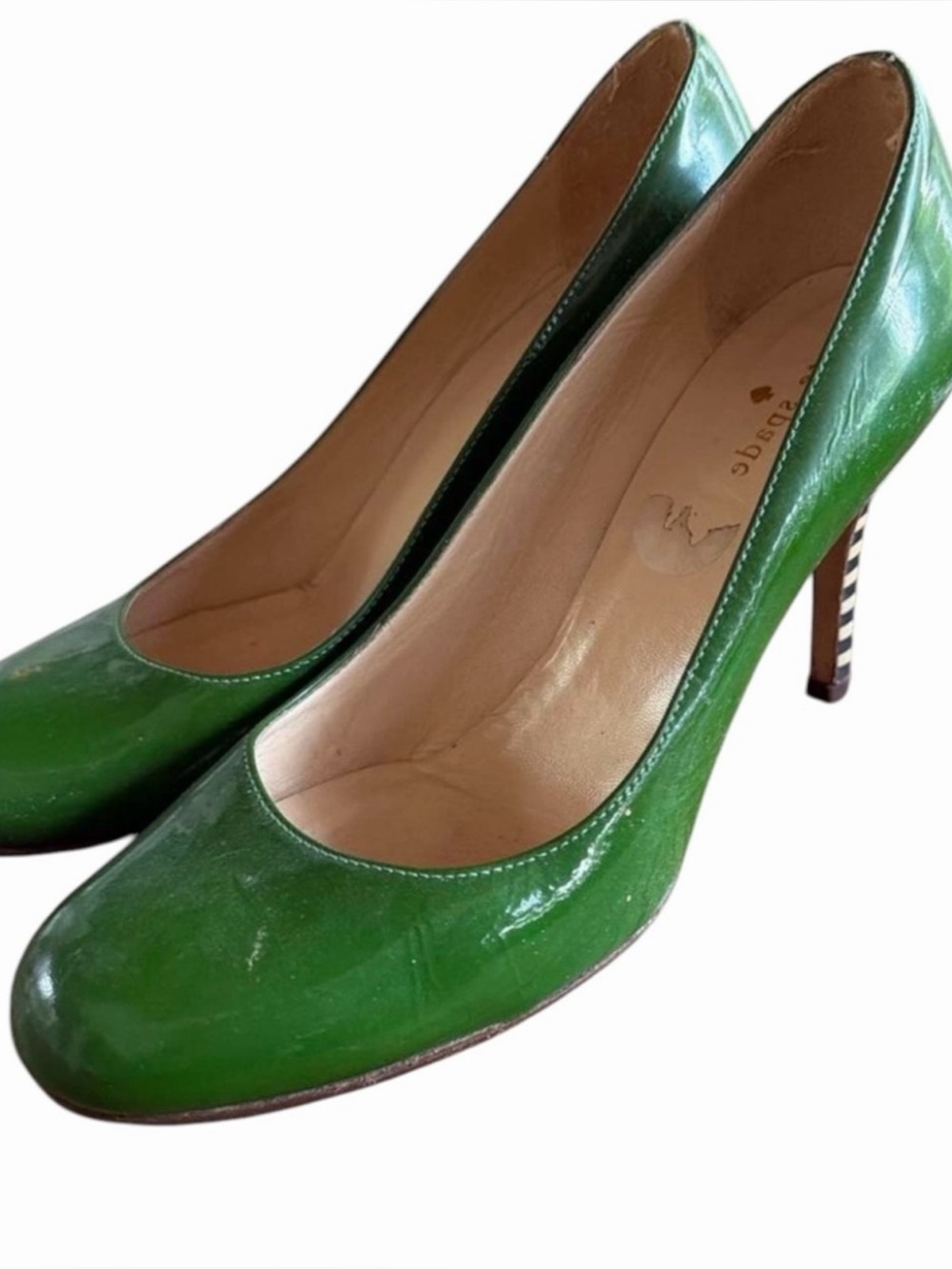 Kate Spade Wicked Green Patent Leather Pumps with Black-and-White Striped 8